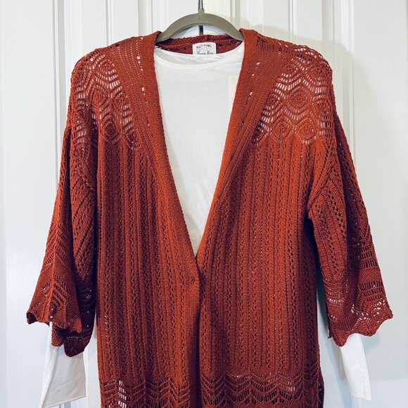 Hippie Rose Pointelle Open Front Cardigan Sweater in Rust/Barn Red (M) New w/tag - Picture 3 of 11